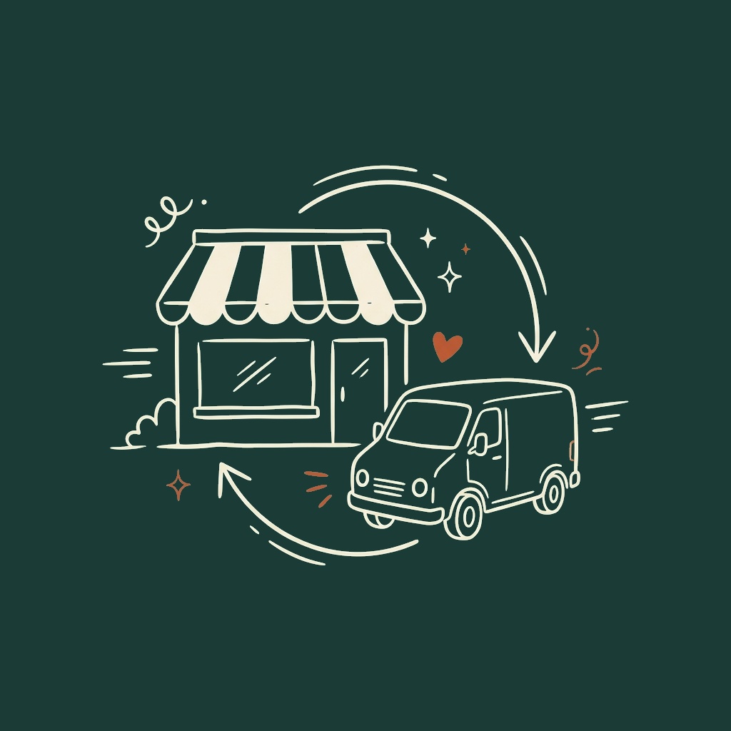 Line illustration of a shop storefront and delivery van linked in a recurring partnership loop