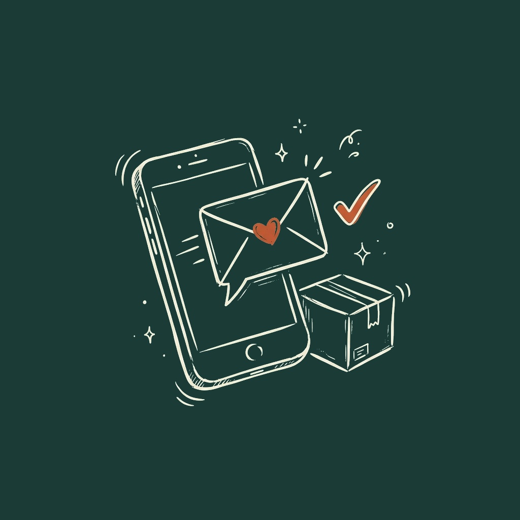 Line illustration of proof of delivery arriving as a phone notification beside a parcel