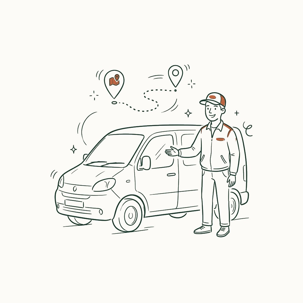Line illustration of a courier driver beside a delivery van with a route pin