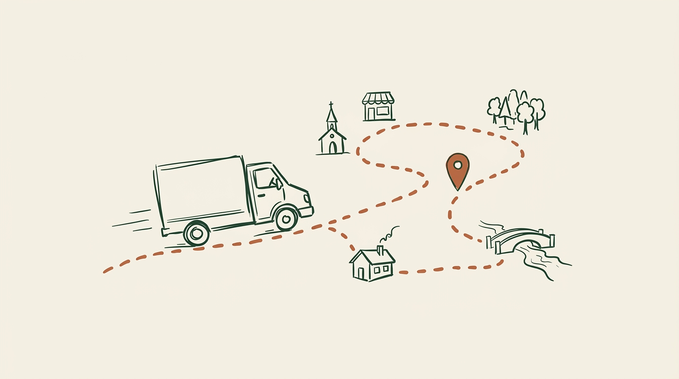Hand-drawn illustration of a Waylio delivery truck traveling along a mapped route